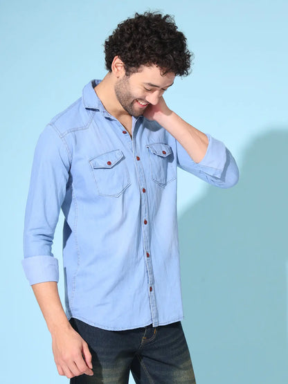 DOUBLE FLAP POCKET SPREAD COLLAR LIGHT BLUE DENIM SHIRT