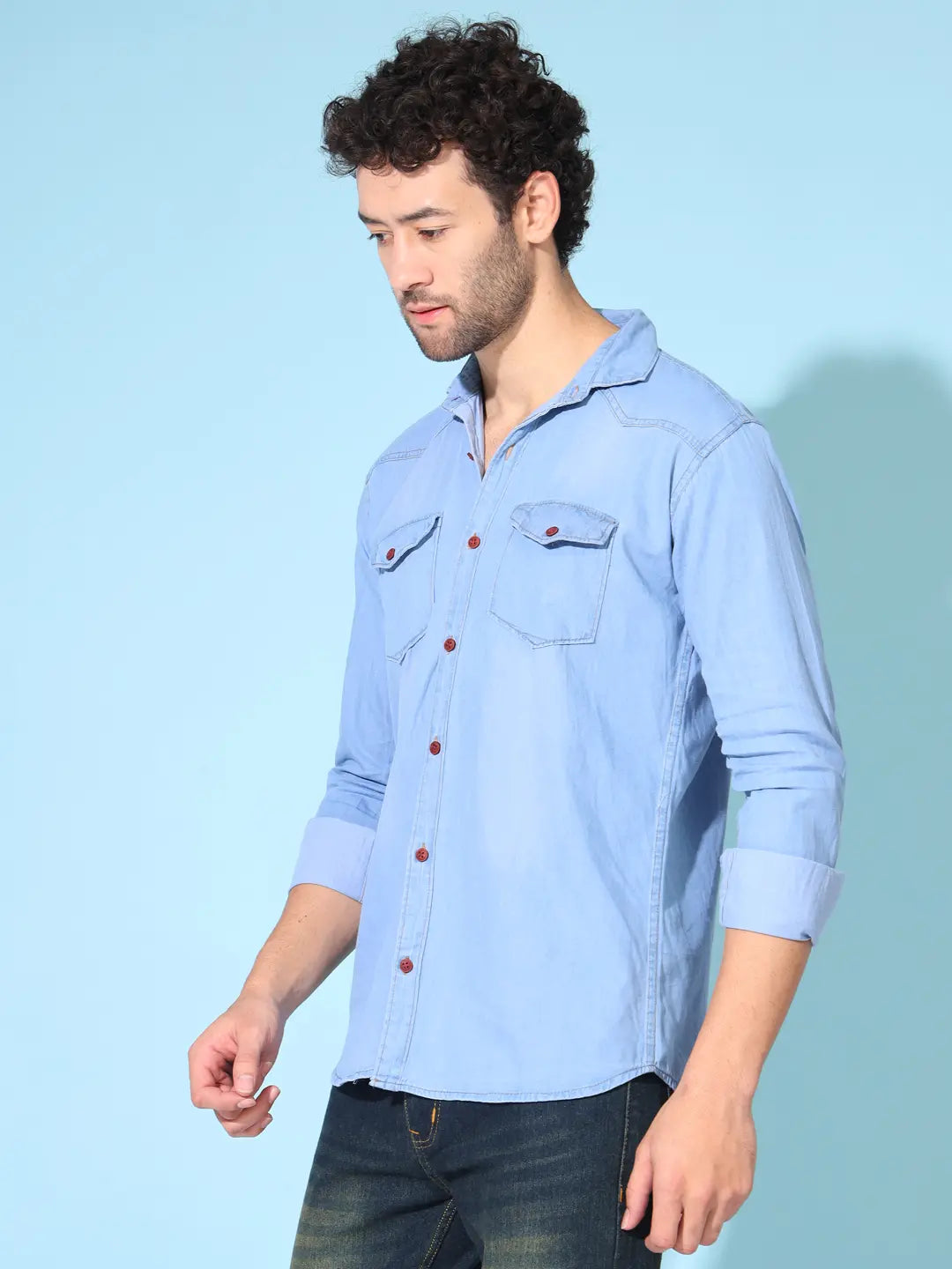 DOUBLE FLAP POCKET SPREAD COLLAR LIGHT BLUE DENIM SHIRT