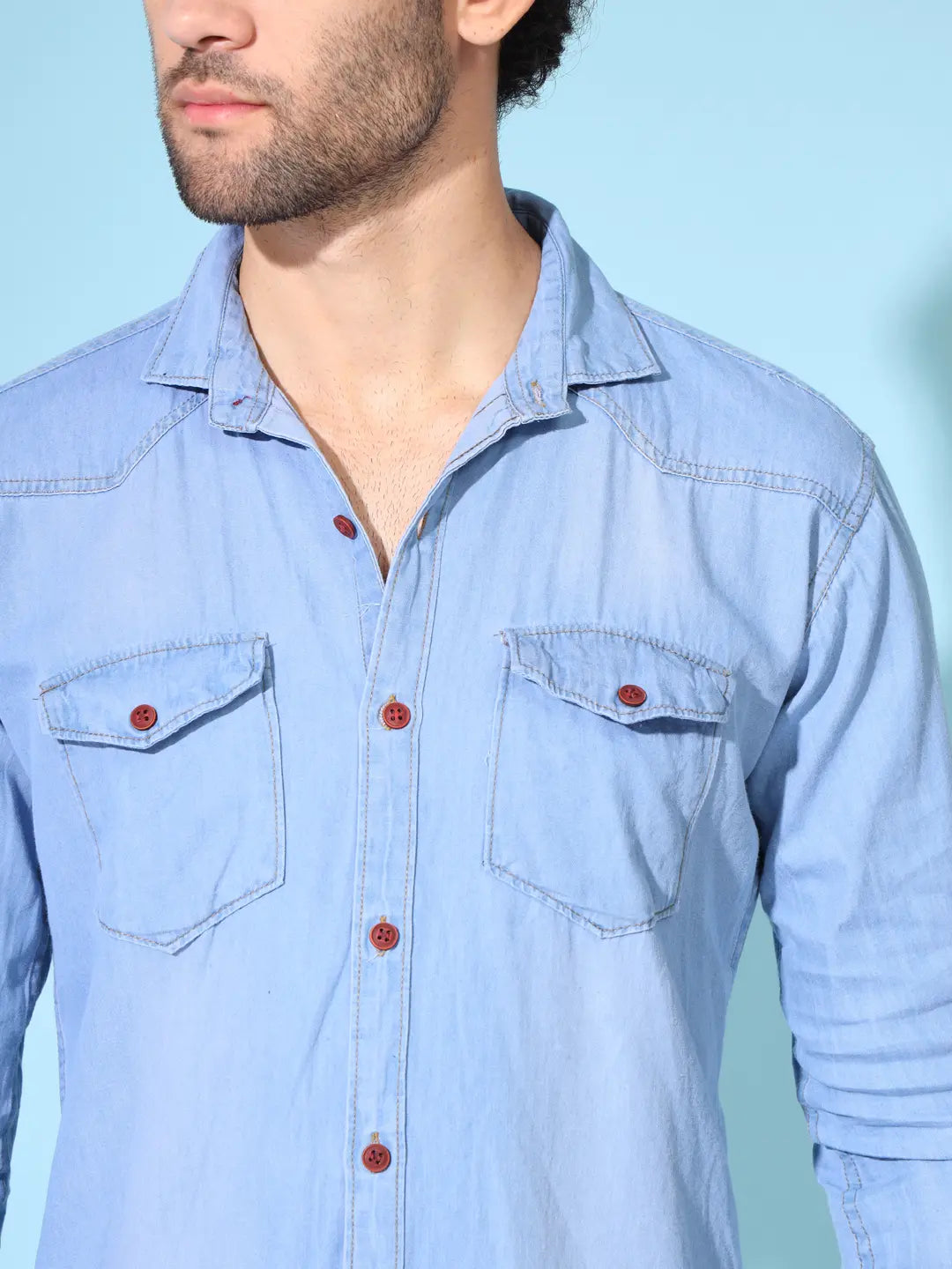 DOUBLE FLAP POCKET SPREAD COLLAR LIGHT BLUE DENIM SHIRT