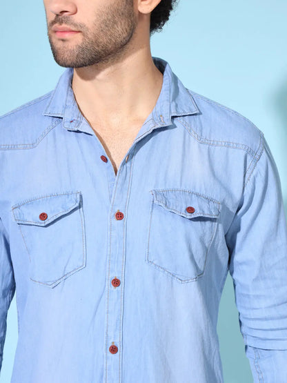 DOUBLE FLAP POCKET SPREAD COLLAR LIGHT BLUE DENIM SHIRT
