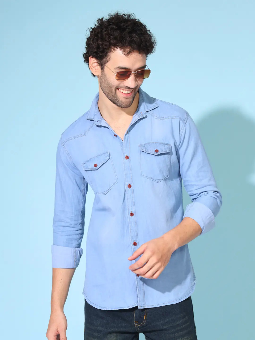 DOUBLE FLAP POCKET SPREAD COLLAR LIGHT BLUE DENIM SHIRT