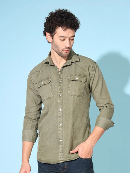 POPULAR DOUBLE POCKET SIMPLE RFD MEHNDI SHIRT