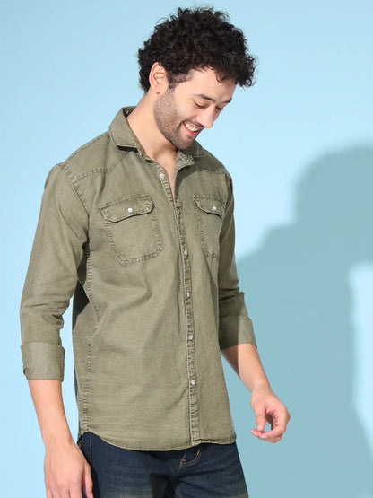 POPULAR DOUBLE POCKET SIMPLE RFD MEHNDI SHIRT