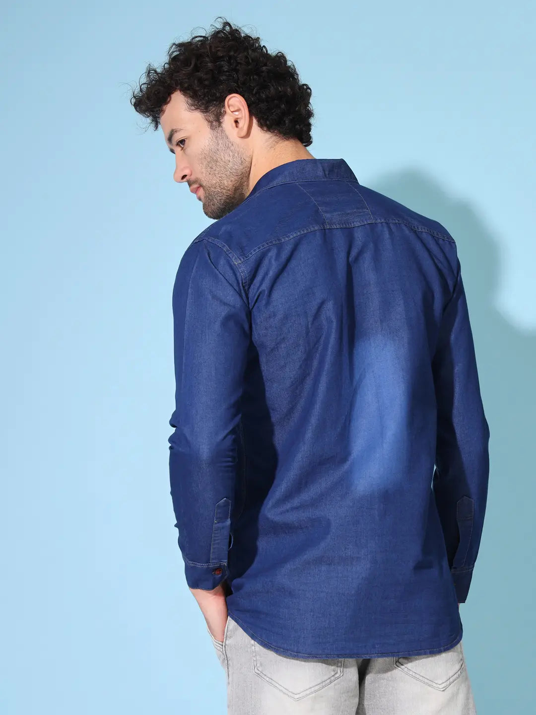 SINGLE POCKET BLUE WASHED SILKY DENIM SHIRT