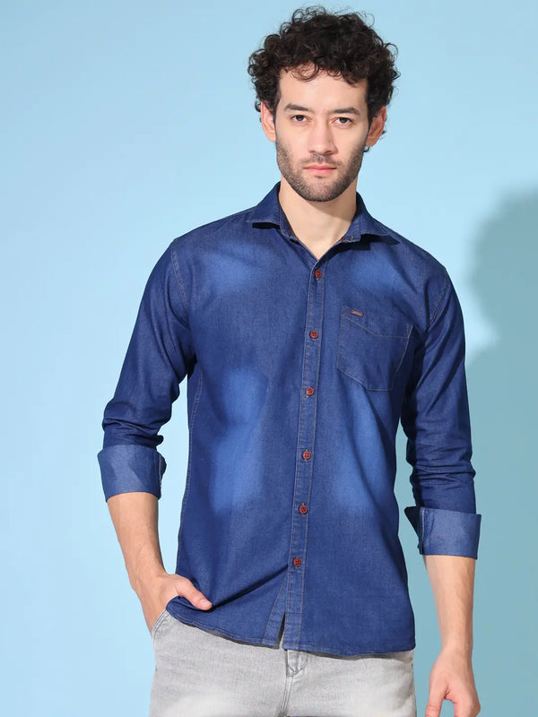 SINGLE POCKET BLUE WASHED SILKY DENIM SHIRT