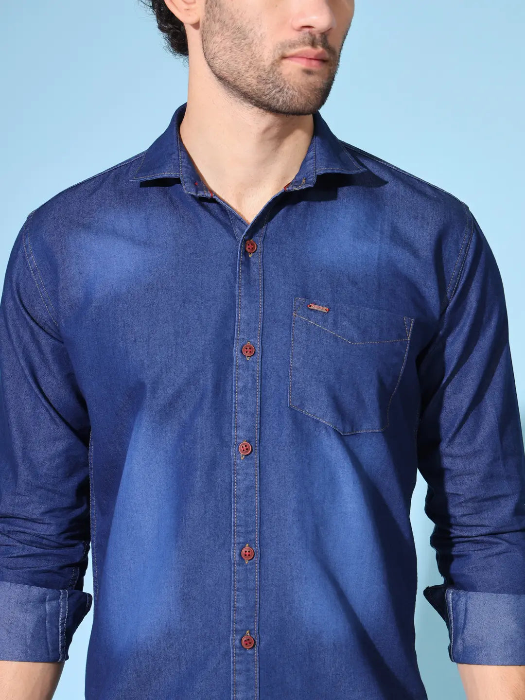 SINGLE POCKET BLUE WASHED SILKY DENIM SHIRT