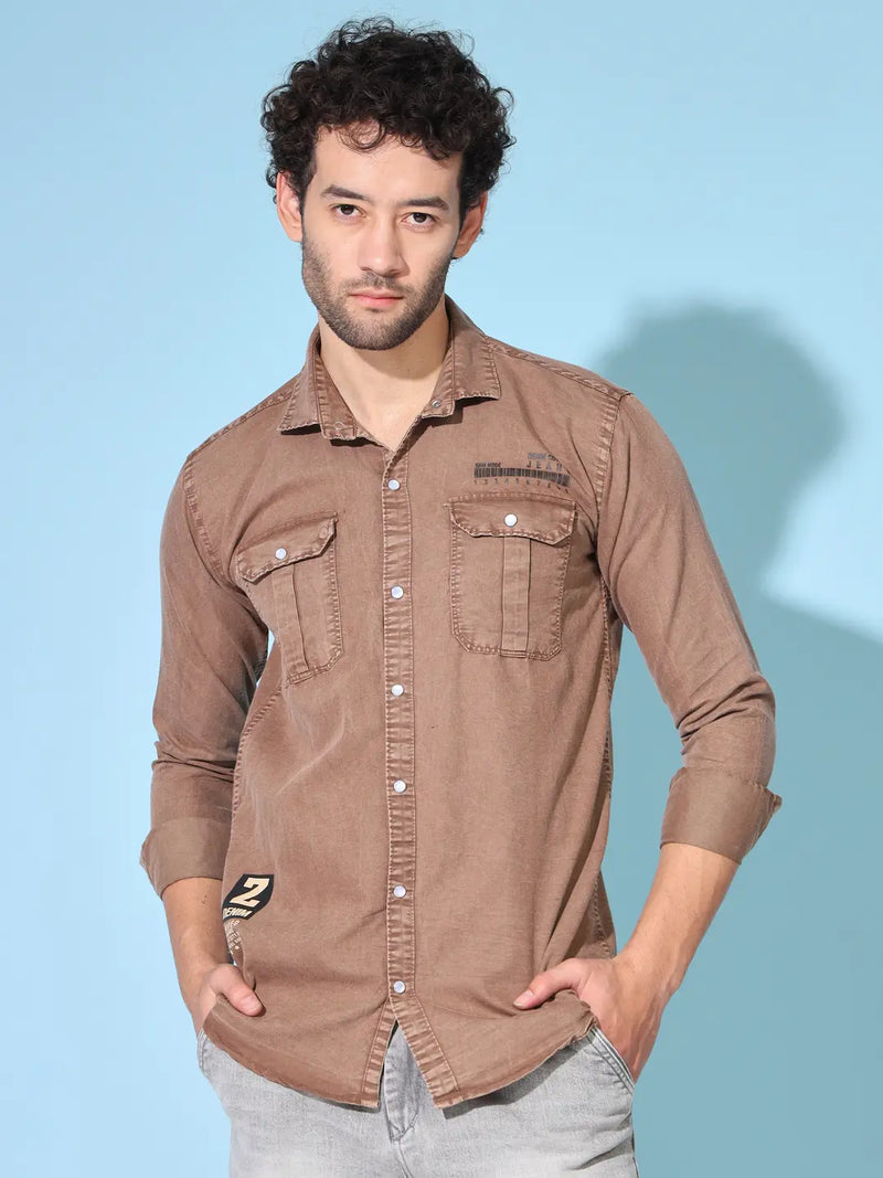STYLISH DOUBLE POCKET PRINTED RFD BROWN SHIRT