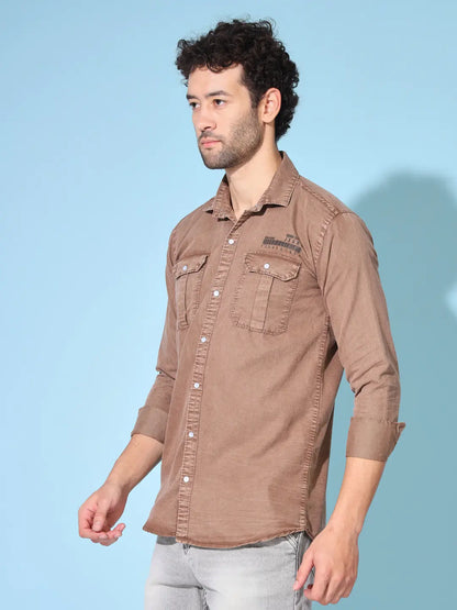 STYLISH DOUBLE POCKET PRINTED RFD BROWN SHIRT