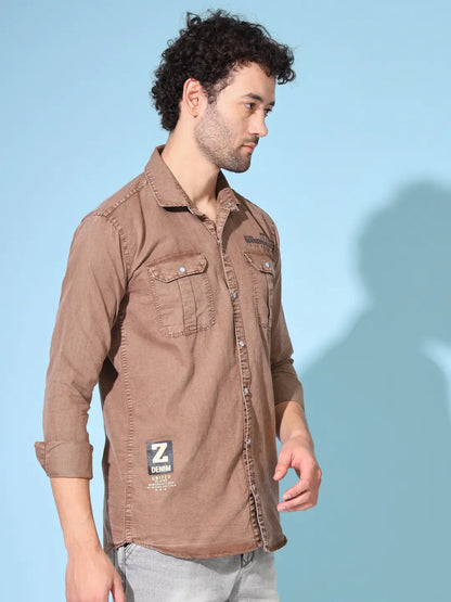 STYLISH DOUBLE POCKET PRINTED RFD BROWN SHIRT
