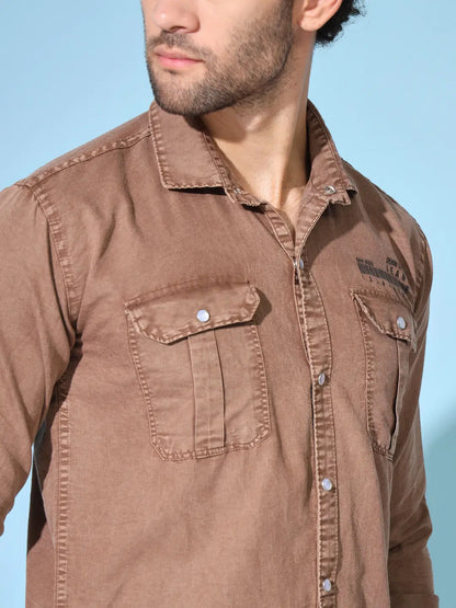 STYLISH DOUBLE POCKET PRINTED RFD BROWN SHIRT