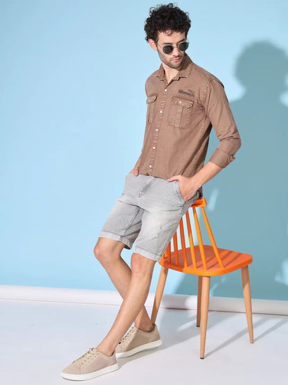 STYLISH DOUBLE POCKET PRINTED RFD BROWN SHIRT