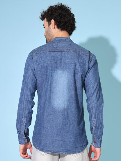 SILK DOUBLE POCKET CHINESE COLLAR ACID BLUE DENIM SHIRT