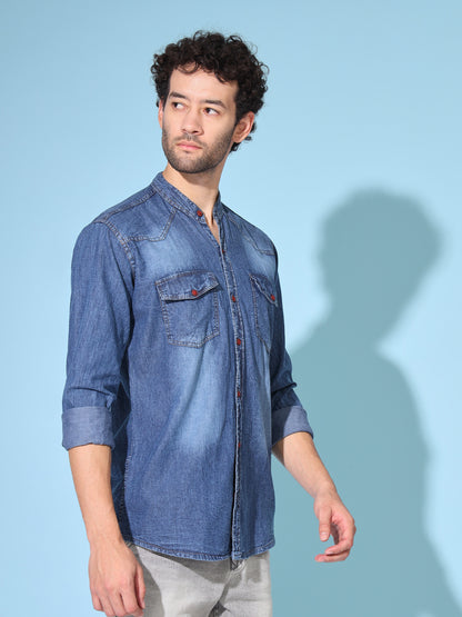 SILK DOUBLE POCKET CHINESE COLLAR ACID BLUE DENIM SHIRT