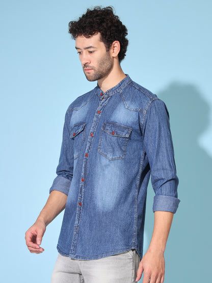 SILK DOUBLE POCKET CHINESE COLLAR ACID BLUE DENIM SHIRT