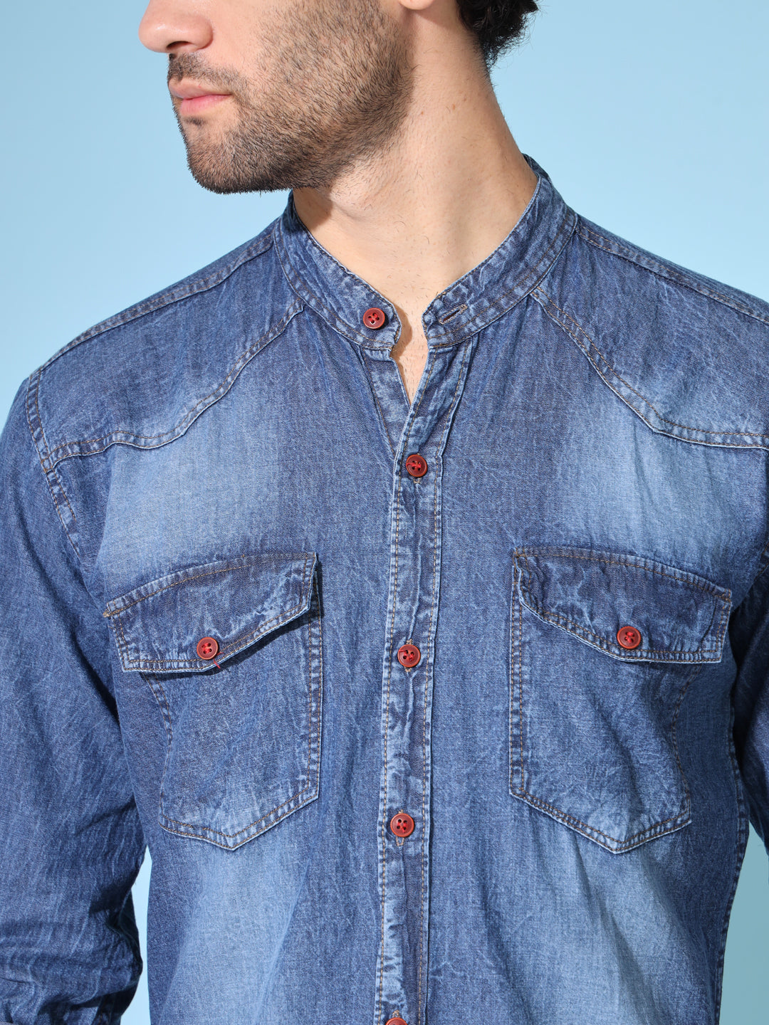 SILK DOUBLE POCKET CHINESE COLLAR ACID BLUE DENIM SHIRT