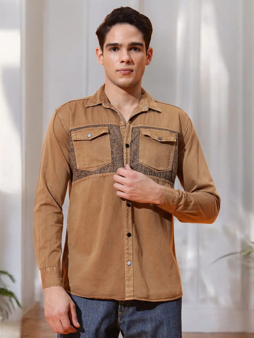 DOUBLE POCKET CHEST PRINTED COTTON RFD BROWN SHIRT