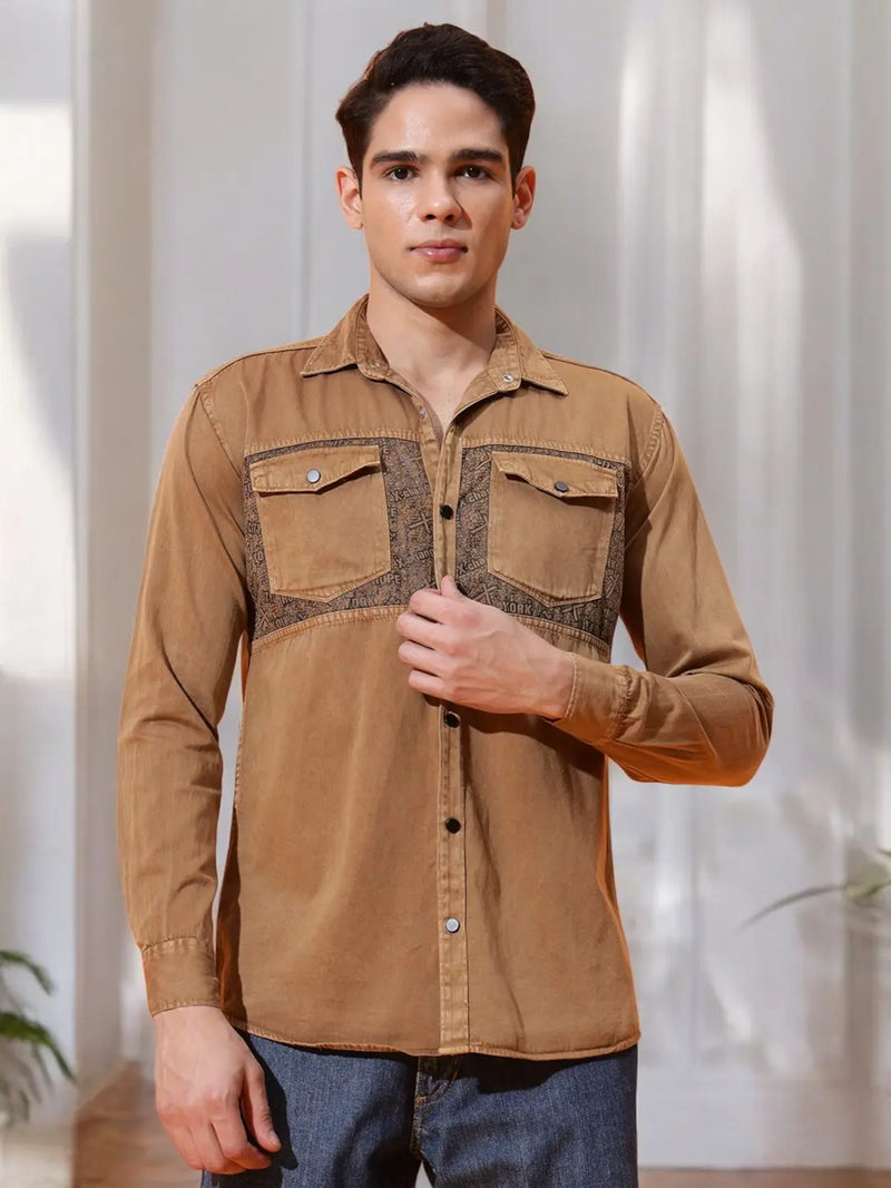 DOUBLE POCKET CHEST PRINTED COTTON RFD BROWN SHIRT
