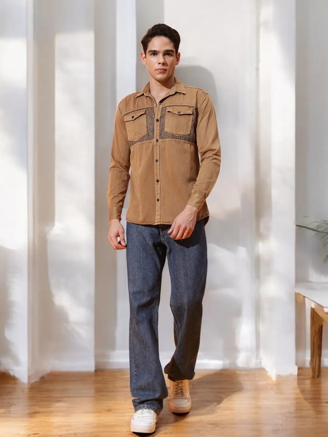 DOUBLE POCKET CHEST PRINTED COTTON RFD BROWN SHIRT