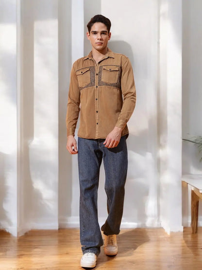 DOUBLE POCKET CHEST PRINTED COTTON RFD BROWN SHIRT