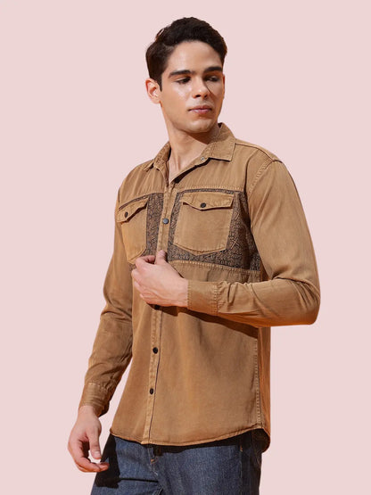 DOUBLE POCKET CHEST PRINTED COTTON RFD BROWN SHIRT