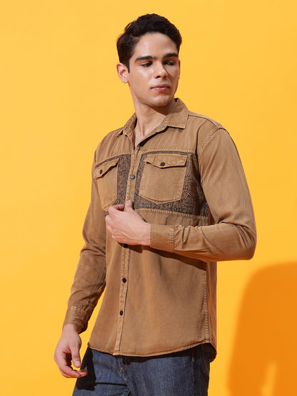 DOUBLE POCKET CHEST PRINTED COTTON RFD BROWN SHIRT