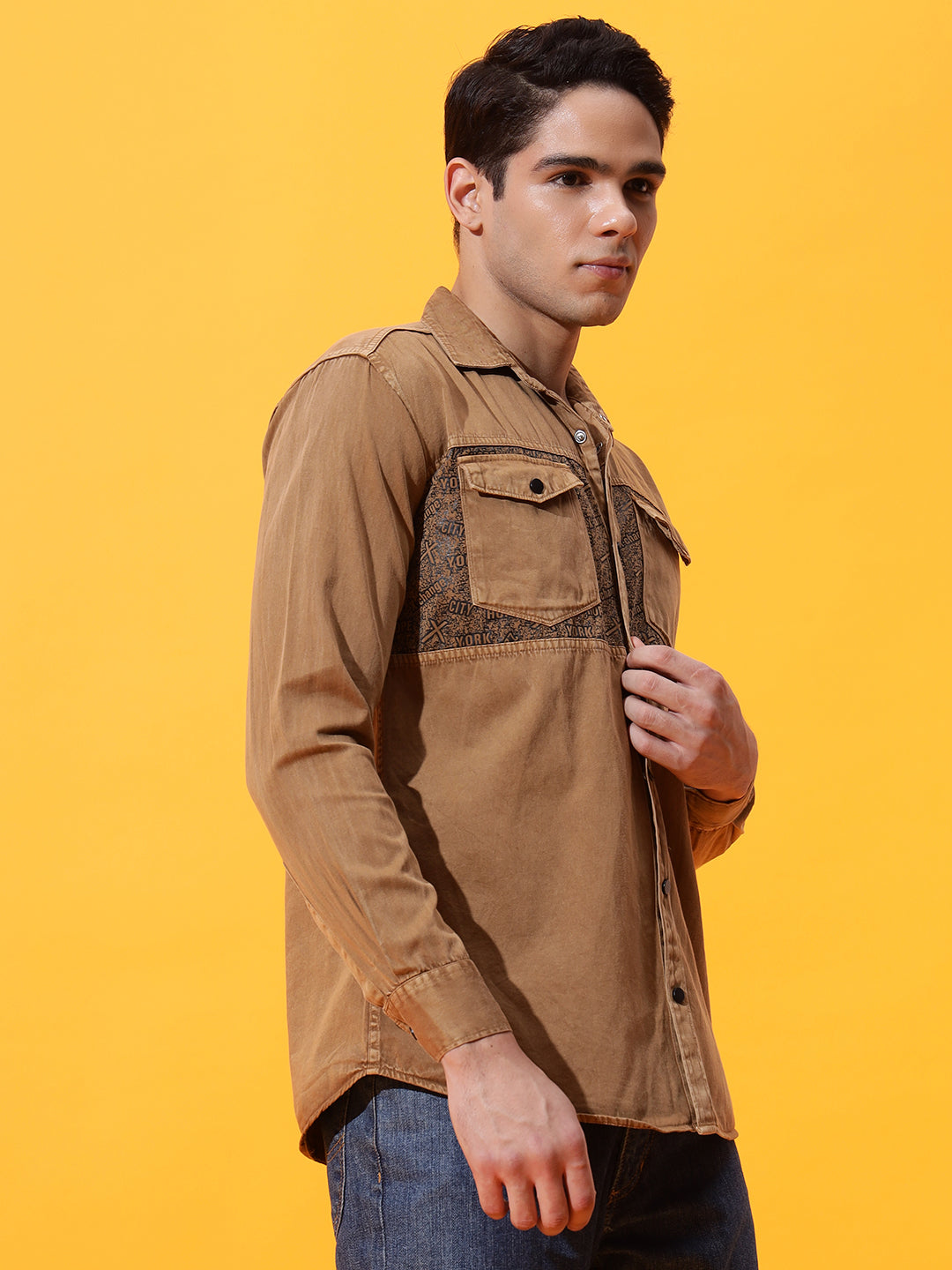 DOUBLE POCKET CHEST PRINTED COTTON RFD BROWN SHIRT