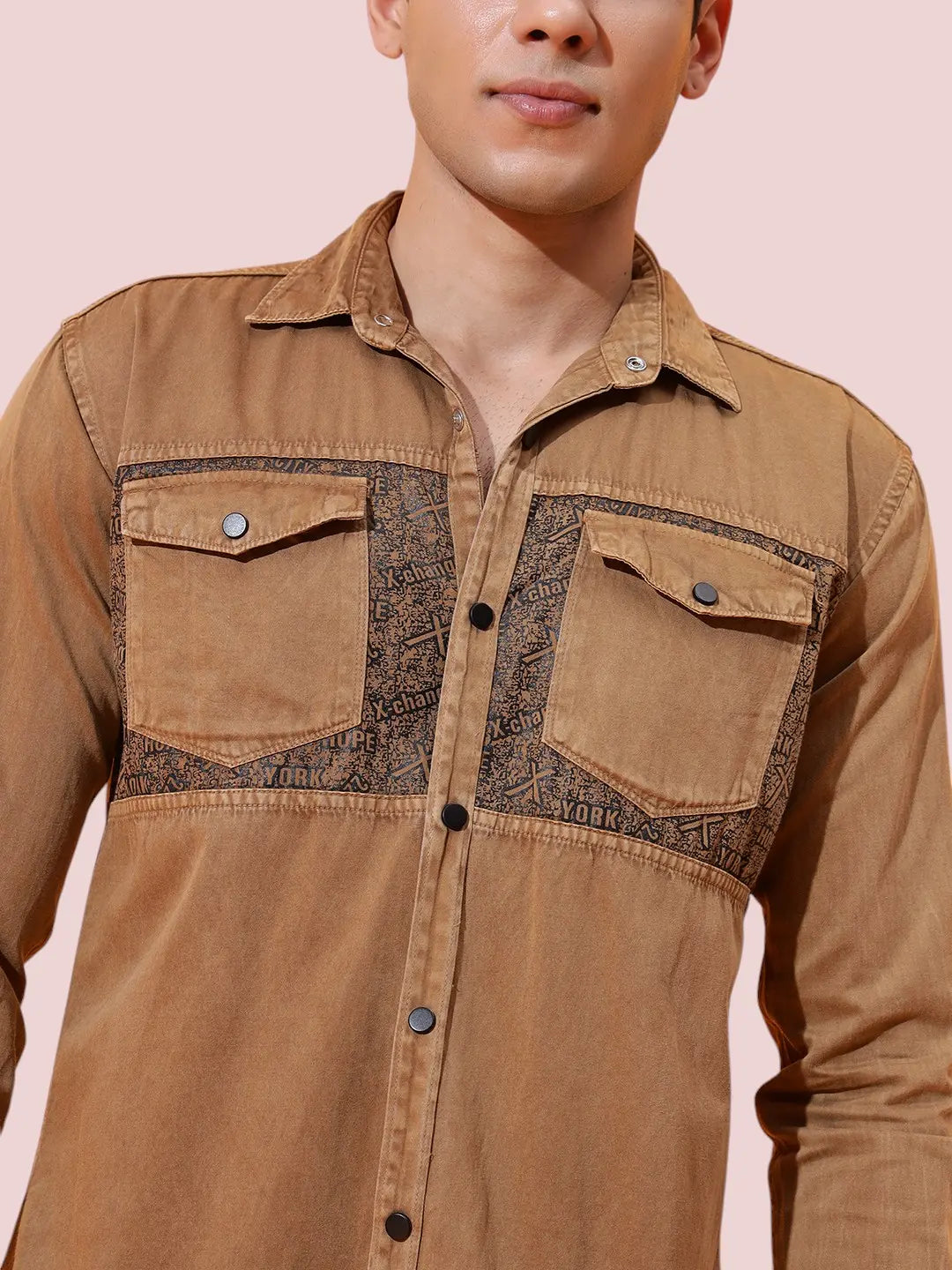 DOUBLE POCKET CHEST PRINTED COTTON RFD BROWN SHIRT