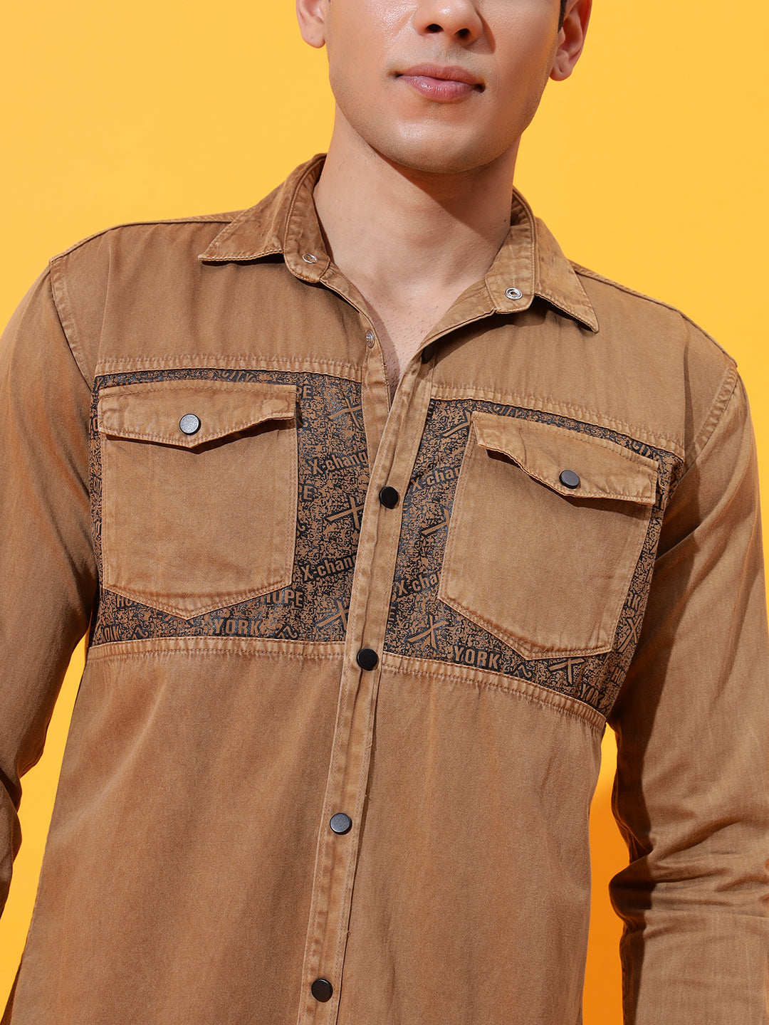 DOUBLE POCKET CHEST PRINTED COTTON RFD BROWN SHIRT