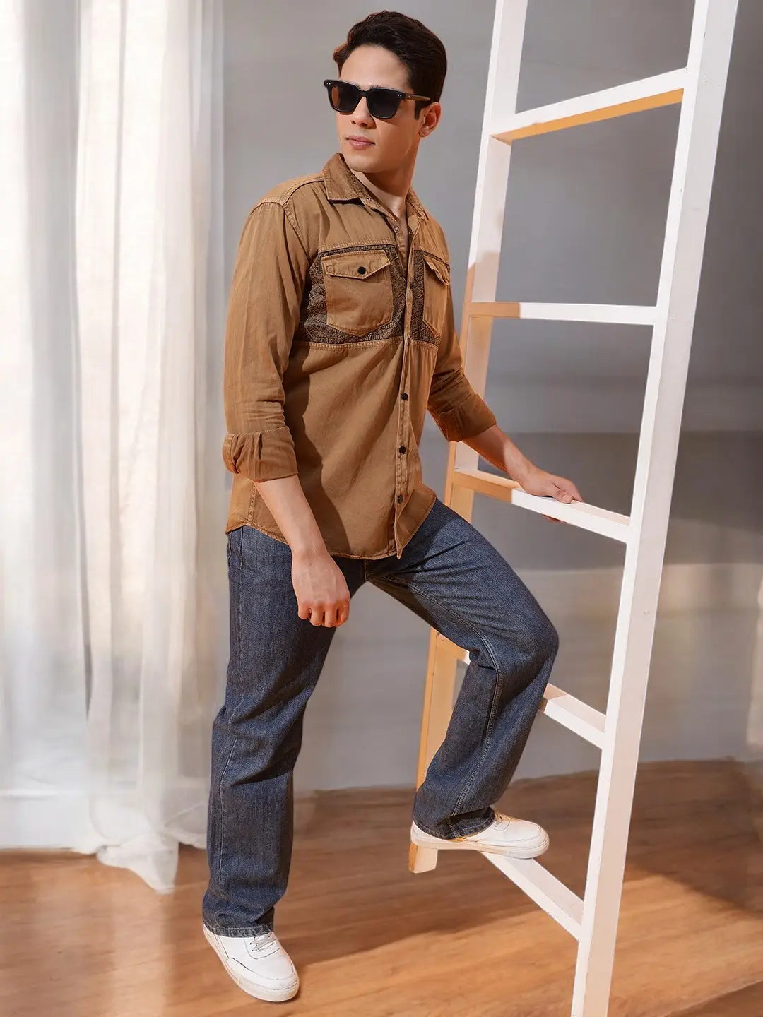 DOUBLE POCKET CHEST PRINTED COTTON RFD BROWN SHIRT