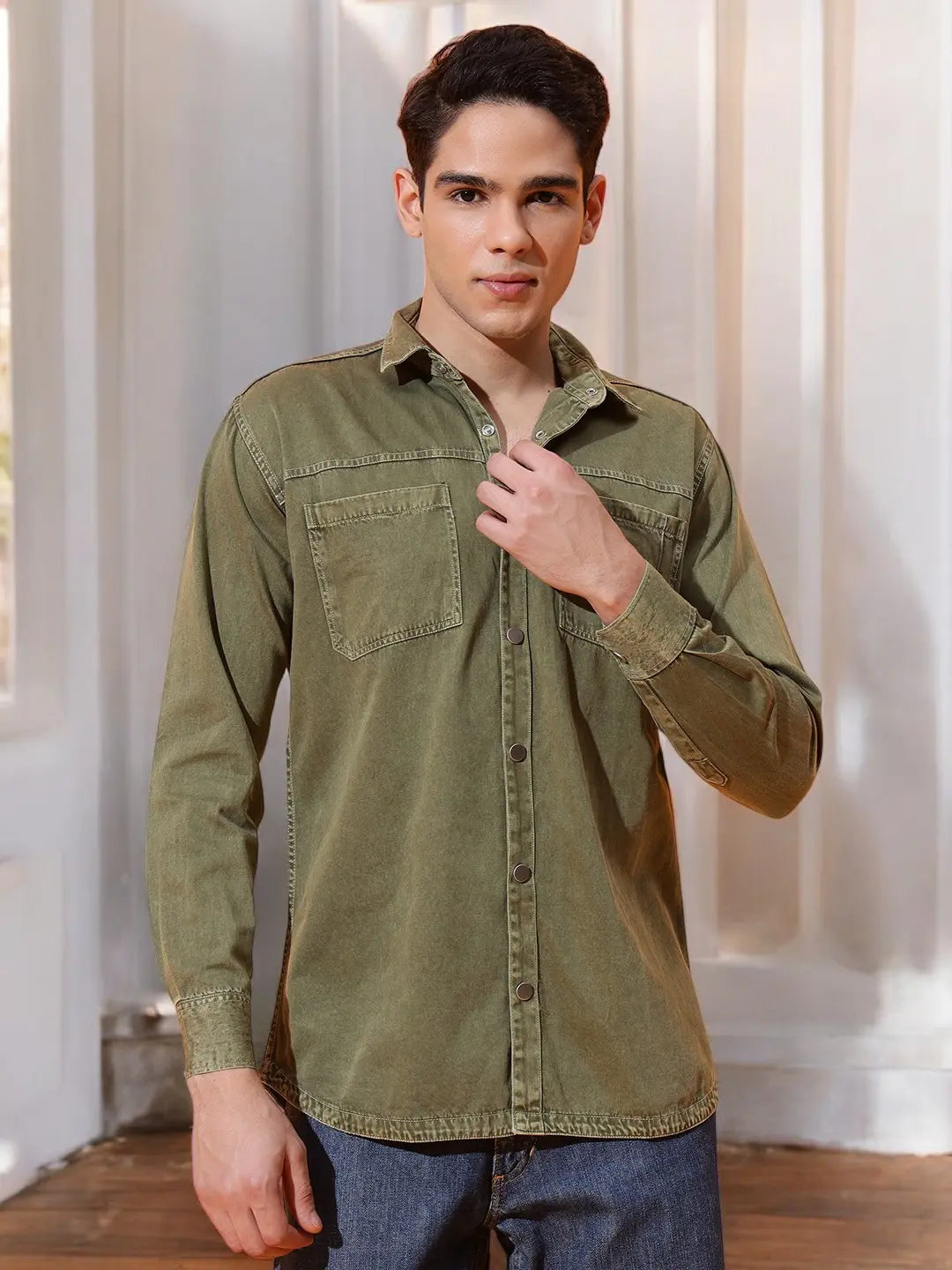 DOUBLE PATCH POCKET COTTON RFD MEHNDI SHIRT