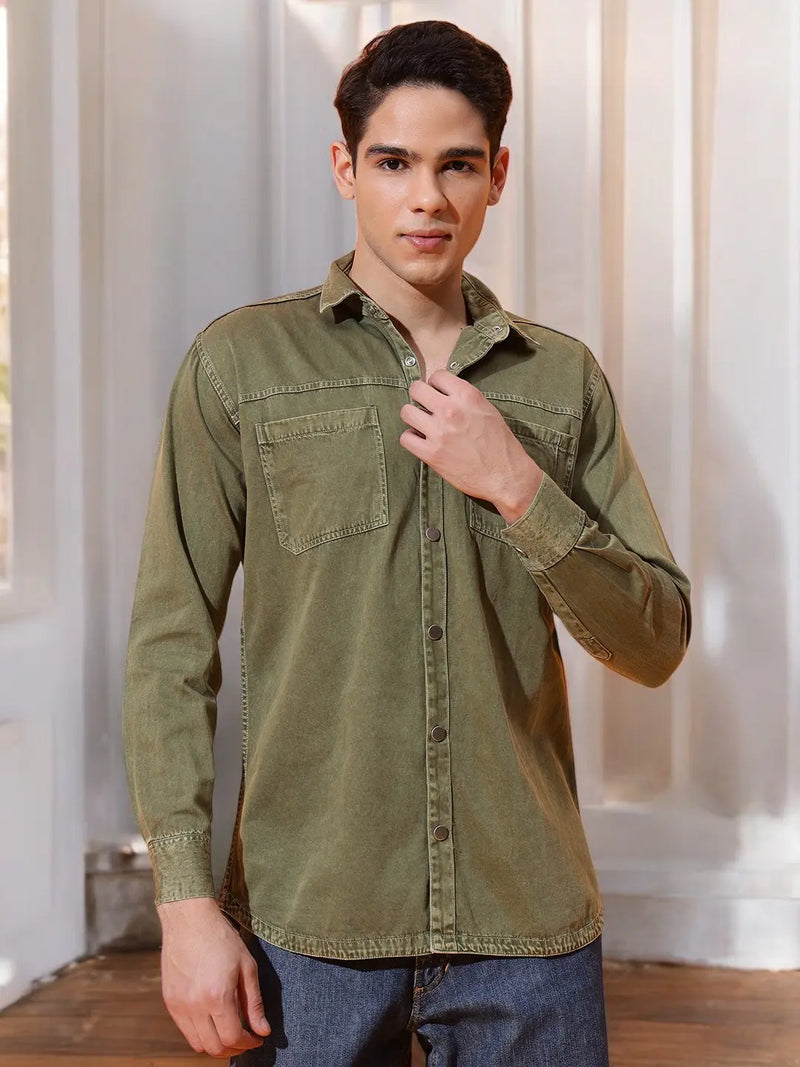 DOUBLE PATCH POCKET COTTON RFD MEHNDI SHIRT