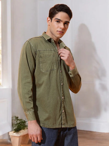 DOUBLE PATCH POCKET COTTON RFD MEHNDI SHIRT