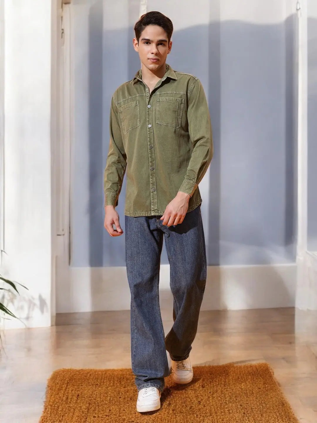 DOUBLE PATCH POCKET COTTON RFD MEHNDI SHIRT