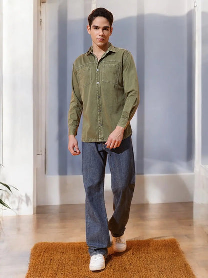 DOUBLE PATCH POCKET COTTON RFD MEHNDI SHIRT