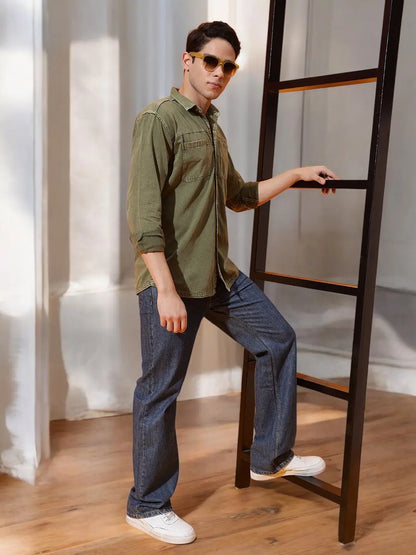 DOUBLE PATCH POCKET COTTON RFD MEHNDI SHIRT