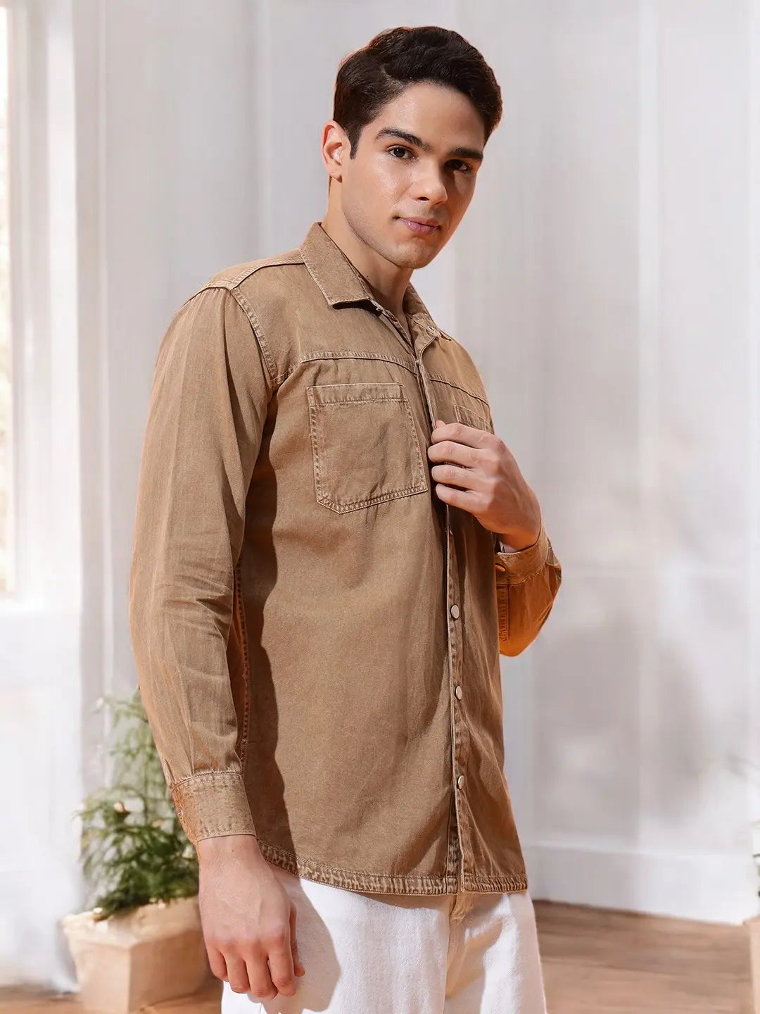 DOUBLE PATCH POCKET COTTON RFD CAMEL BROWN SHIRT
