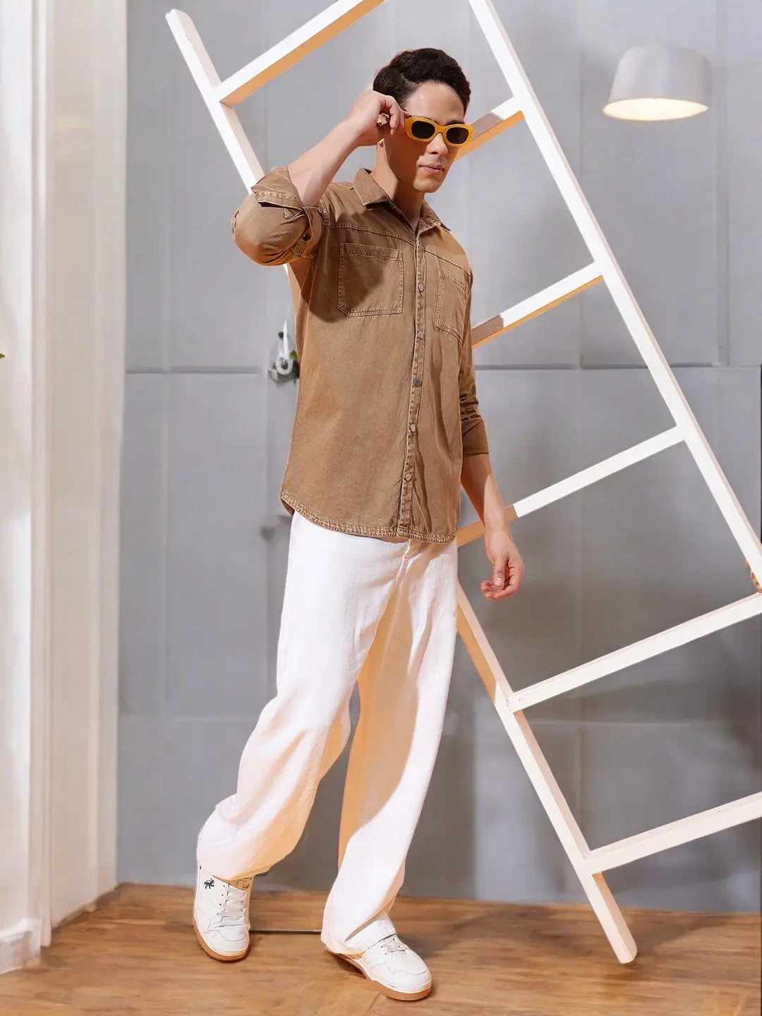 DOUBLE PATCH POCKET COTTON RFD CAMEL BROWN SHIRT