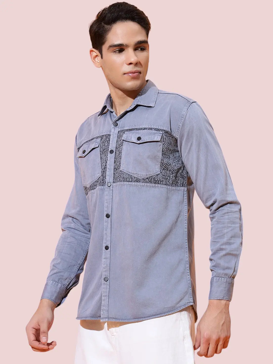 DOUBLE POCKET CHEST PRINTED COTTON RFD GREY SHIRT