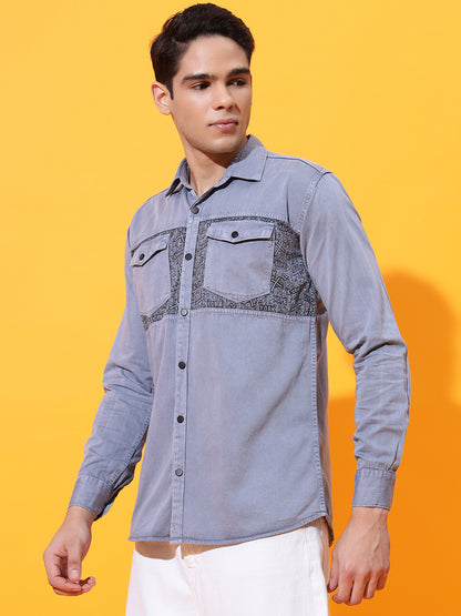 DOUBLE POCKET CHEST PRINTED COTTON RFD GREY SHIRT