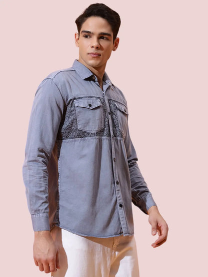 DOUBLE POCKET CHEST PRINTED COTTON RFD GREY SHIRT