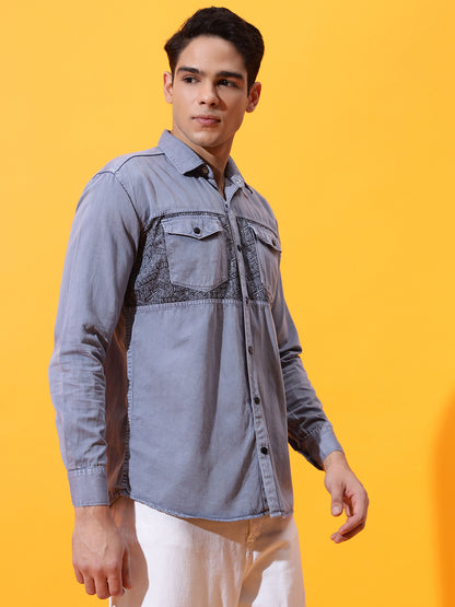 DOUBLE POCKET CHEST PRINTED COTTON RFD GREY SHIRT