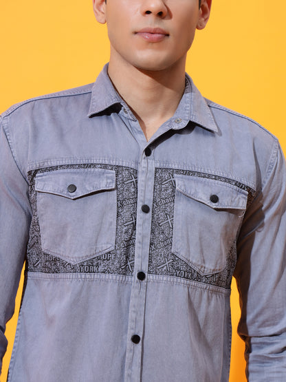 DOUBLE POCKET CHEST PRINTED COTTON RFD GREY SHIRT