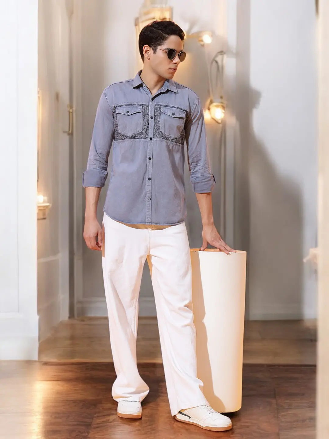 DOUBLE POCKET CHEST PRINTED COTTON RFD GREY SHIRT
