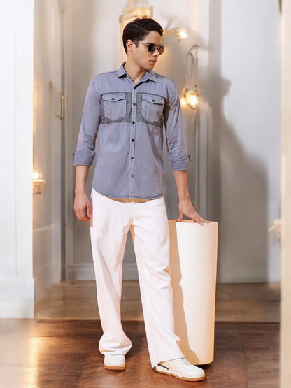 DOUBLE POCKET CHEST PRINTED COTTON RFD GREY SHIRT