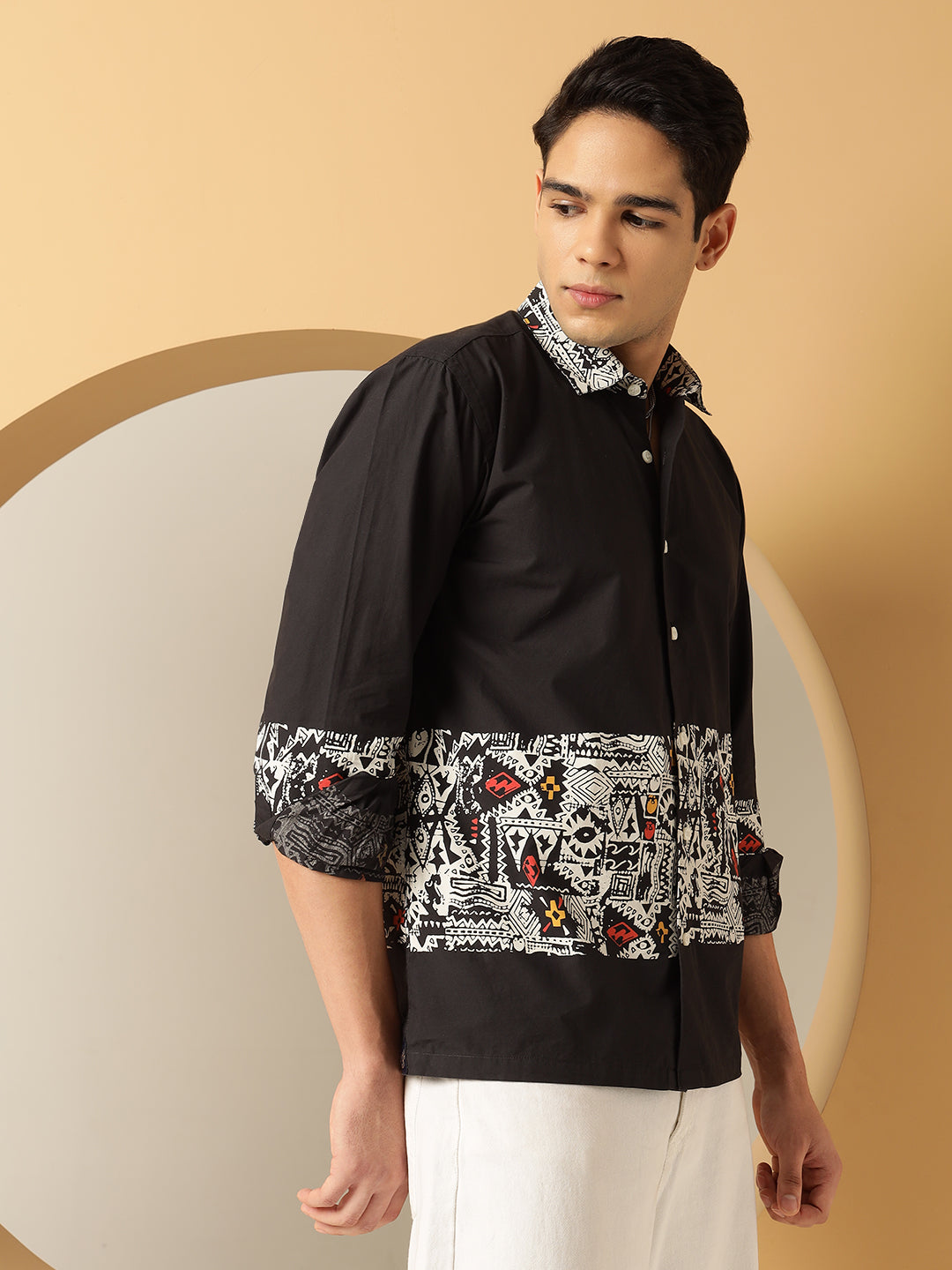 Men's White Geometric Print Black Cotton Shirt