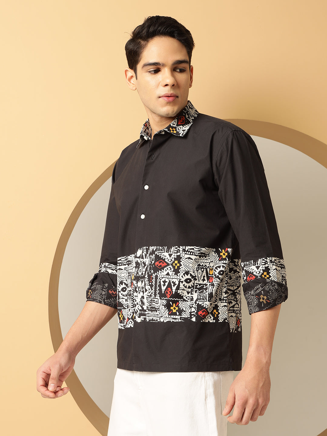 Men's White Geometric Print Black Cotton Shirt