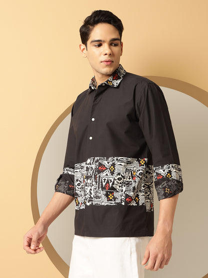 Men's White Geometric Print Black Cotton Shirt