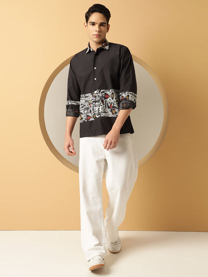Men's White Geometric Print Black Cotton Shirt