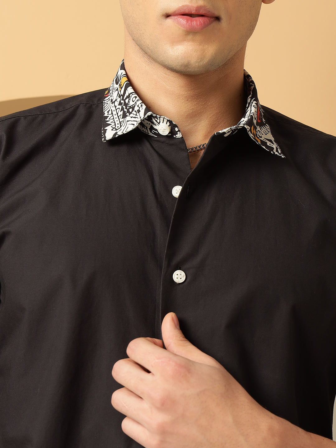 Men's White Geometric Print Black Cotton Shirt