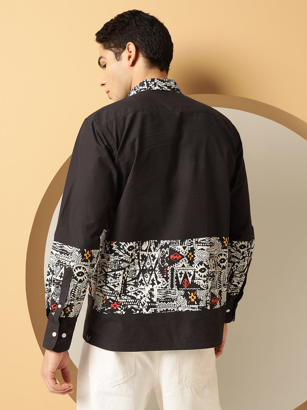 Men's White Geometric Print Black Cotton Shirt